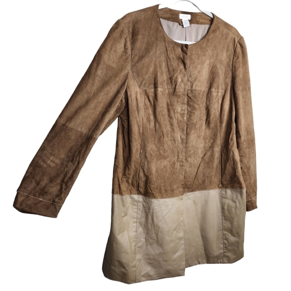 Chico's Brown Tan Leather Suede Midi Length Jacket Women's Size Large Size 2 - Picture 2 of 8